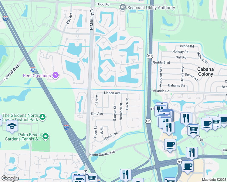 map of restaurants, bars, coffee shops, grocery stores, and more near 11955 Banyan Street in Palm Beach Gardens