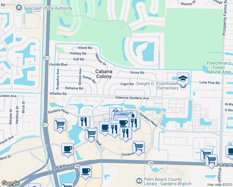 map of restaurants, bars, coffee shops, grocery stores, and more near 3394 Bermuda Road in Palm Beach Gardens