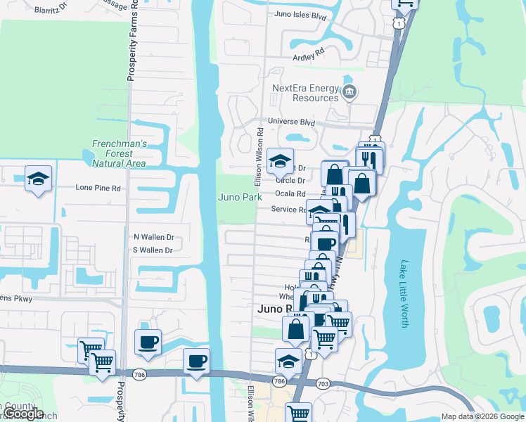 map of restaurants, bars, coffee shops, grocery stores, and more near 12030 Ellison Wilson Road in North Palm Beach