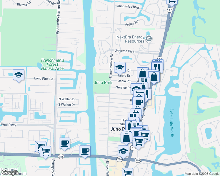 map of restaurants, bars, coffee shops, grocery stores, and more near 12030 Ellison Wilson Road in North Palm Beach