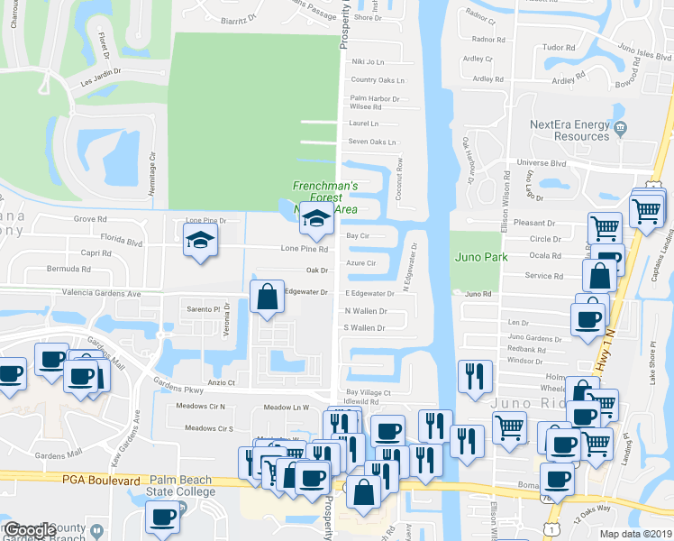 map of restaurants, bars, coffee shops, grocery stores, and more near Prosperity Farms Road in Palm Beach Gardens
