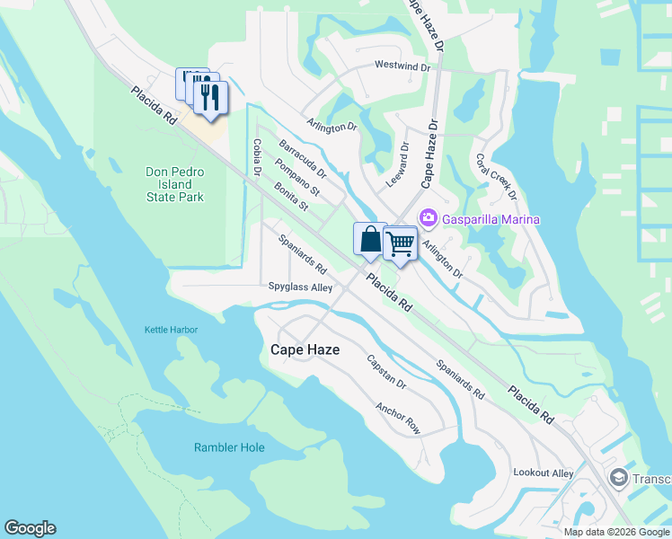 map of restaurants, bars, coffee shops, grocery stores, and more near 195 Spyglass Alley in Placida