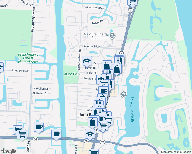 map of restaurants, bars, coffee shops, grocery stores, and more near 1815 Juno Road in North Palm Beach