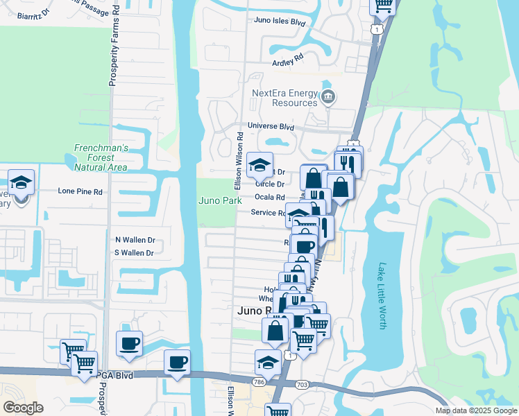 map of restaurants, bars, coffee shops, grocery stores, and more near 1905 Ocala Road in North Palm Beach