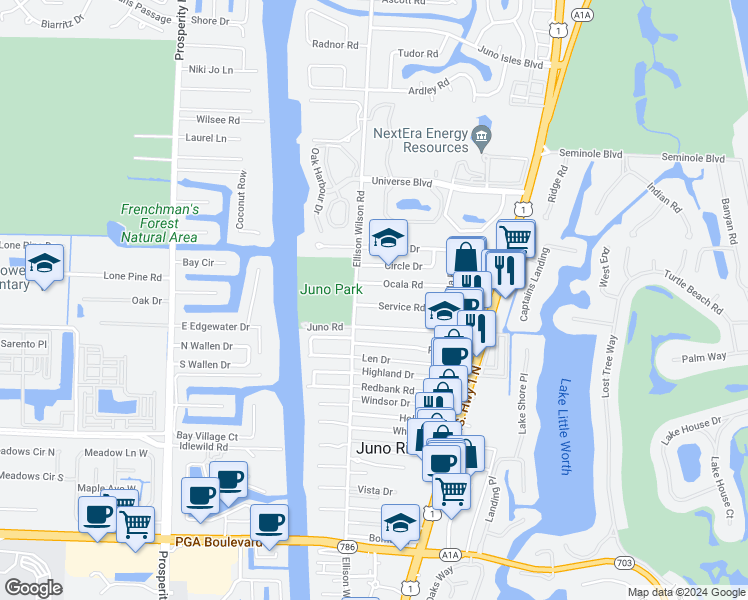 map of restaurants, bars, coffee shops, grocery stores, and more near 1905 Ocala Road in North Palm Beach
