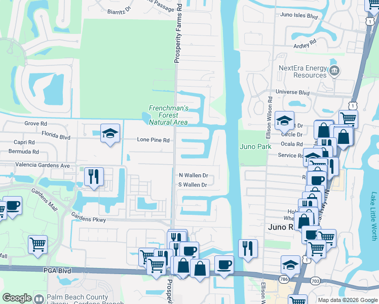 map of restaurants, bars, coffee shops, grocery stores, and more near 2408 Azure Circle in Palm Beach Gardens
