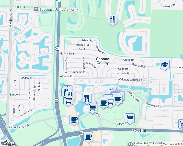 map of restaurants, bars, coffee shops, grocery stores, and more near 3580 Dunes Road in Palm Beach Gardens