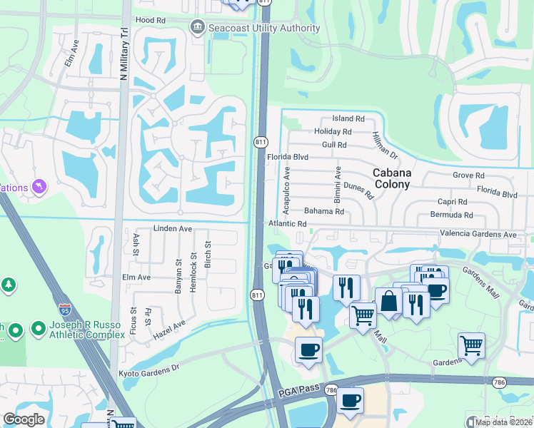 map of restaurants, bars, coffee shops, grocery stores, and more near 12076 Florida A1A Alternate in Palm Beach Gardens