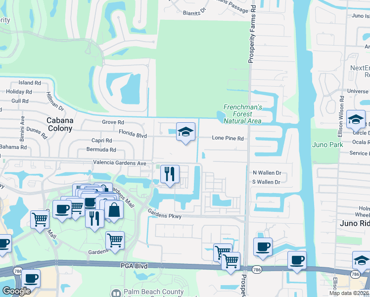 map of restaurants, bars, coffee shops, grocery stores, and more near 102 Lone Pine Lane in Palm Beach Gardens