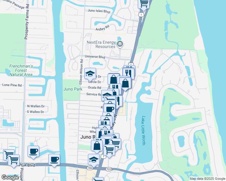 map of restaurants, bars, coffee shops, grocery stores, and more near 12189 U.S. 1 in North Palm Beach