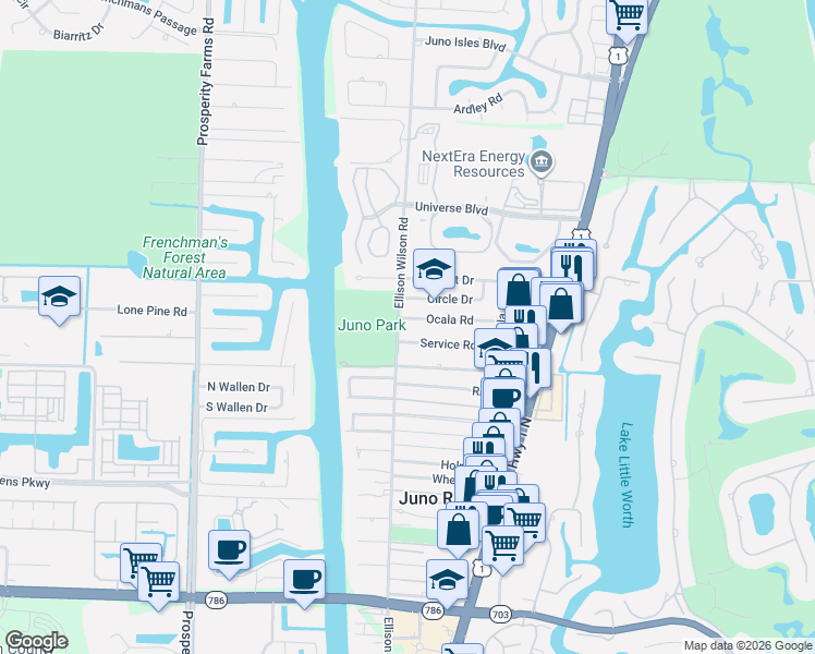 map of restaurants, bars, coffee shops, grocery stores, and more near 12110 Ellison Wilson Road in North Palm Beach