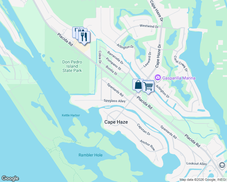 map of restaurants, bars, coffee shops, grocery stores, and more near 75 Spaniards Road in Placida