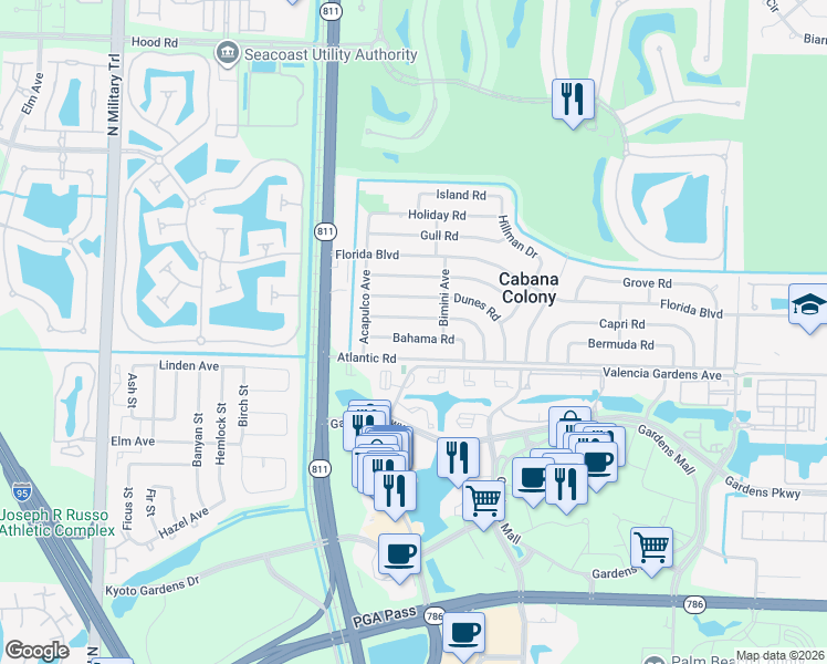 map of restaurants, bars, coffee shops, grocery stores, and more near 3773 Bahama Road in Palm Beach Gardens