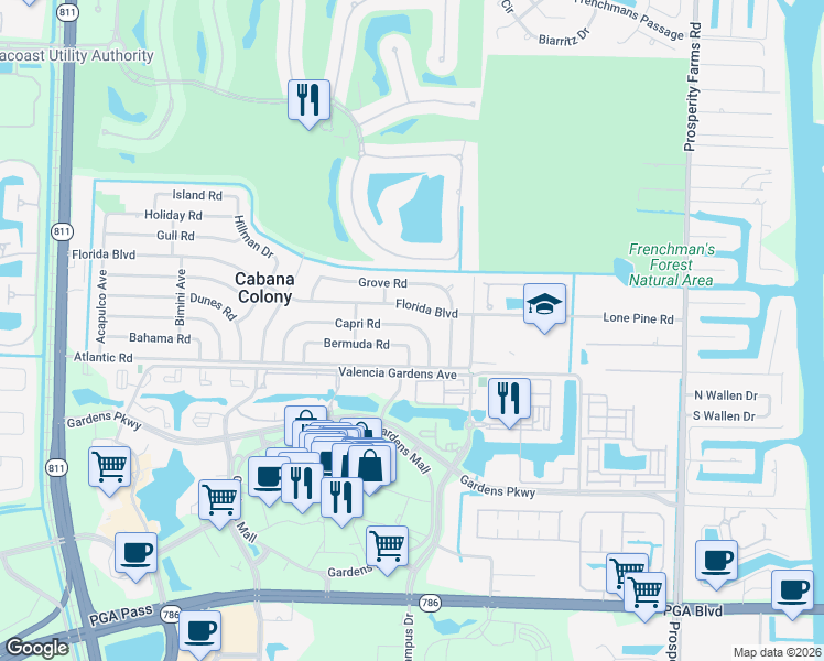 map of restaurants, bars, coffee shops, grocery stores, and more near 3152 Capri Road in Palm Beach Gardens