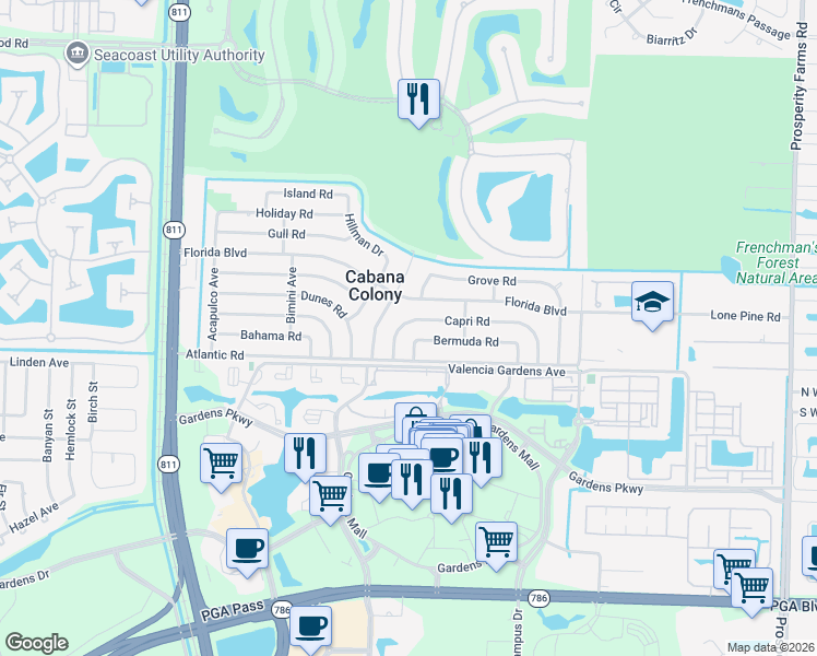 map of restaurants, bars, coffee shops, grocery stores, and more near 3406 Capri Road in Palm Beach Gardens