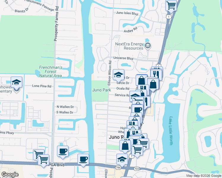 map of restaurants, bars, coffee shops, grocery stores, and more near 12110 Ellison Wilson Road in North Palm Beach