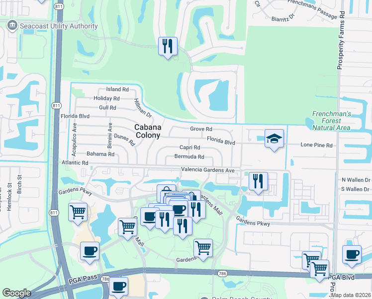 map of restaurants, bars, coffee shops, grocery stores, and more near 3294 Capri Road in Palm Beach Gardens