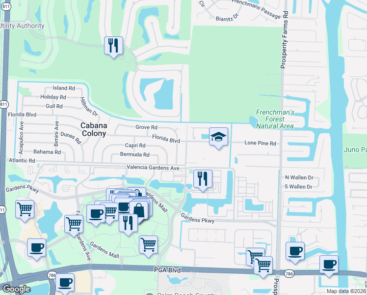 map of restaurants, bars, coffee shops, grocery stores, and more near 12095 Easterly Avenue in Palm Beach Gardens