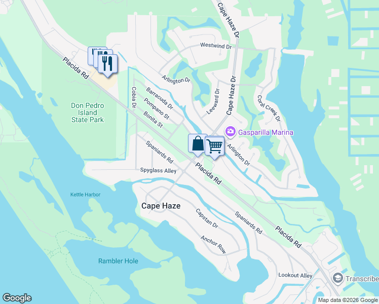 map of restaurants, bars, coffee shops, grocery stores, and more near 8625 Placida Road in Placida