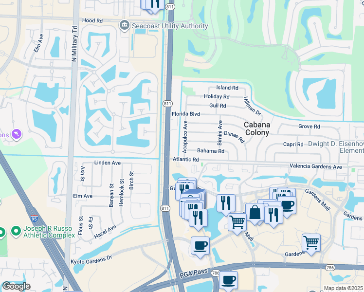 map of restaurants, bars, coffee shops, grocery stores, and more near 12073 Acapulco Avenue in Palm Beach Gardens
