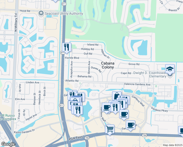 map of restaurants, bars, coffee shops, grocery stores, and more near 3674 Catalina Road in West Palm Beach