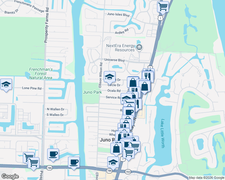 map of restaurants, bars, coffee shops, grocery stores, and more near 1905 Ocala Road in North Palm Beach
