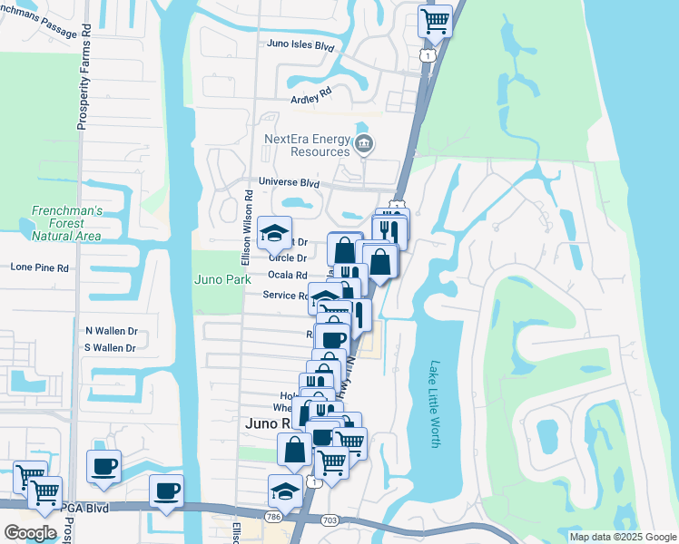 map of restaurants, bars, coffee shops, grocery stores, and more near 12155 U.S. 1 in North Palm Beach