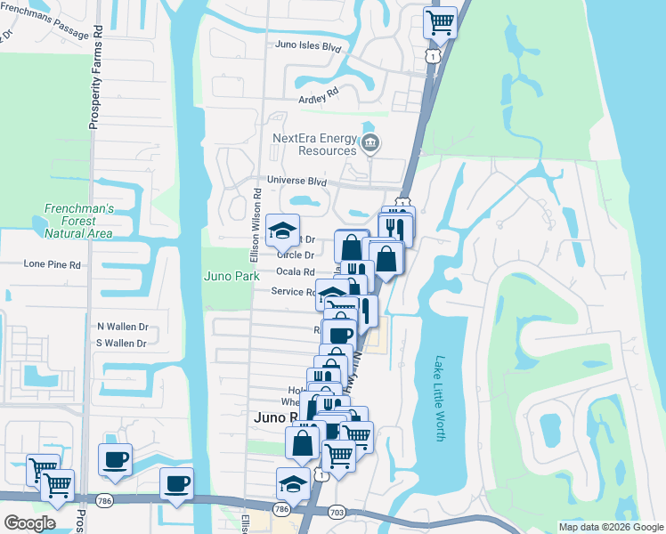 map of restaurants, bars, coffee shops, grocery stores, and more near 12155 U.S. 1 in North Palm Beach