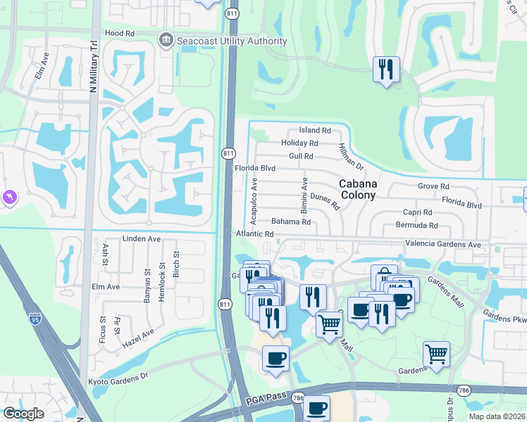 map of restaurants, bars, coffee shops, grocery stores, and more near 3852 Catalina Road in West Palm Beach
