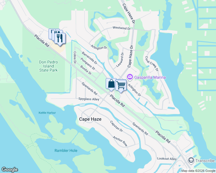 map of restaurants, bars, coffee shops, grocery stores, and more near 8625 Placida Road in Placida