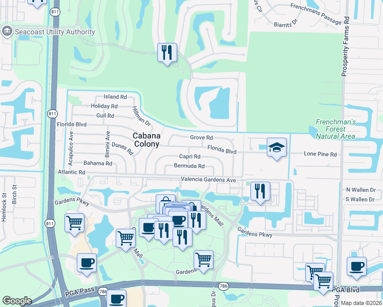map of restaurants, bars, coffee shops, grocery stores, and more near 3294 Capri Road in Palm Beach Gardens