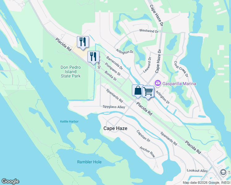 map of restaurants, bars, coffee shops, grocery stores, and more near 75 Spaniards Road in Placida