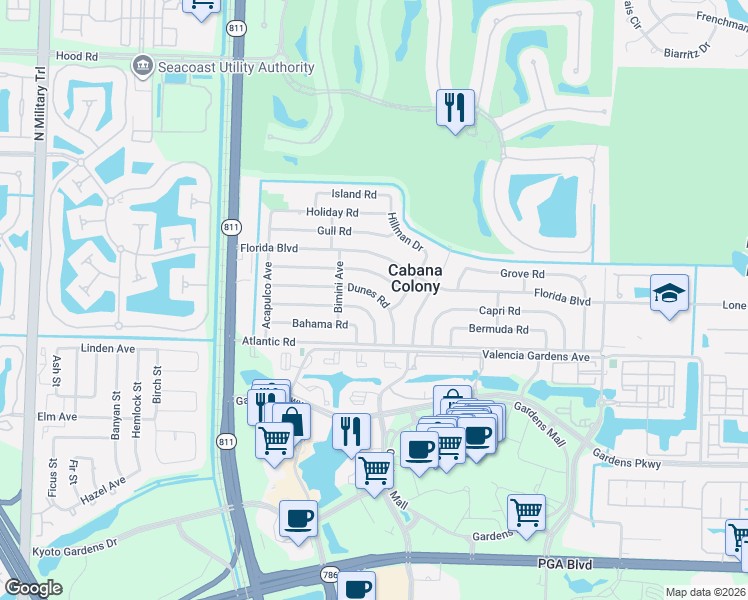 map of restaurants, bars, coffee shops, grocery stores, and more near 3600 Dunes Road in Palm Beach Gardens