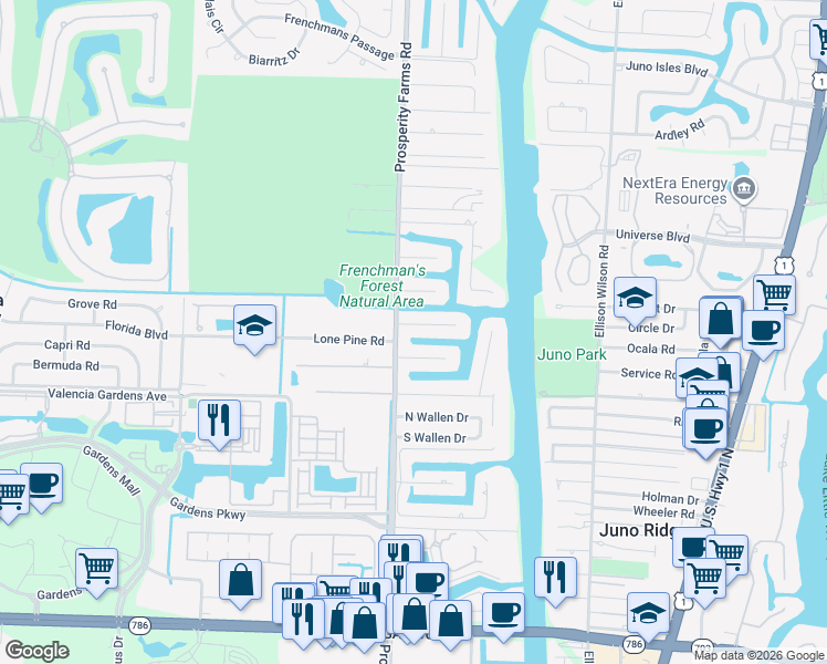 map of restaurants, bars, coffee shops, grocery stores, and more near 2442 Bay Circle in Palm Beach Gardens