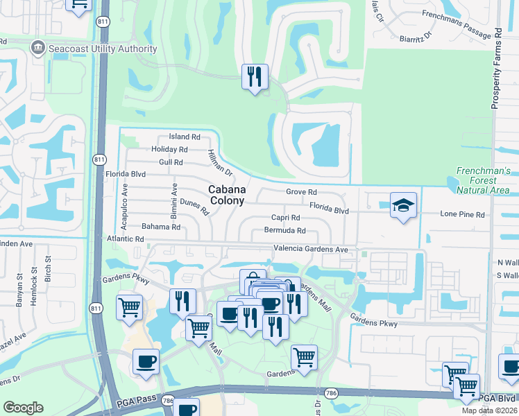 map of restaurants, bars, coffee shops, grocery stores, and more near 3374 Florida Boulevard in Palm Beach Gardens