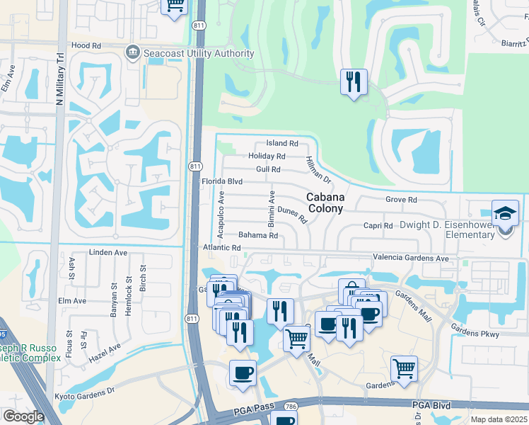 map of restaurants, bars, coffee shops, grocery stores, and more near 3762 Catalina Road in West Palm Beach