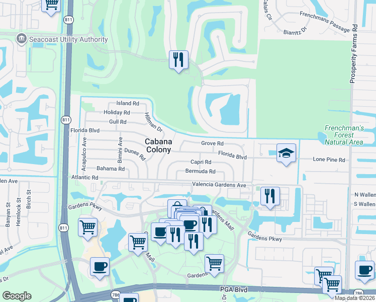 map of restaurants, bars, coffee shops, grocery stores, and more near 3303 Grove Road in Palm Beach Gardens