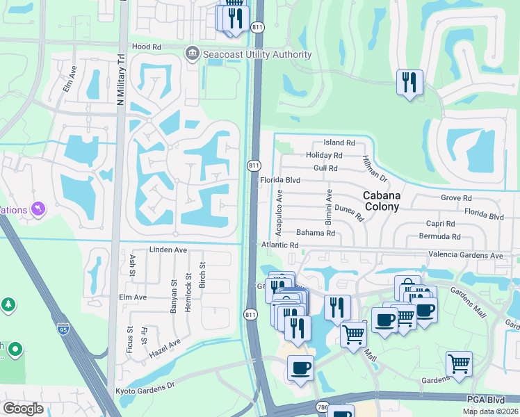 map of restaurants, bars, coffee shops, grocery stores, and more near 12180 Florida A1A Alternate in Palm Beach Gardens