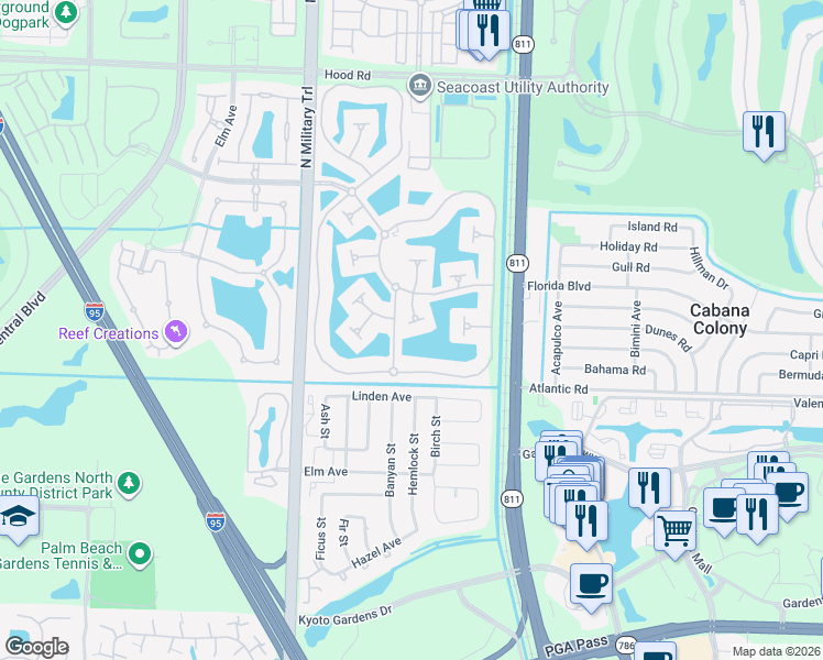 map of restaurants, bars, coffee shops, grocery stores, and more near 1115 Orinoco Way in Palm Beach Gardens