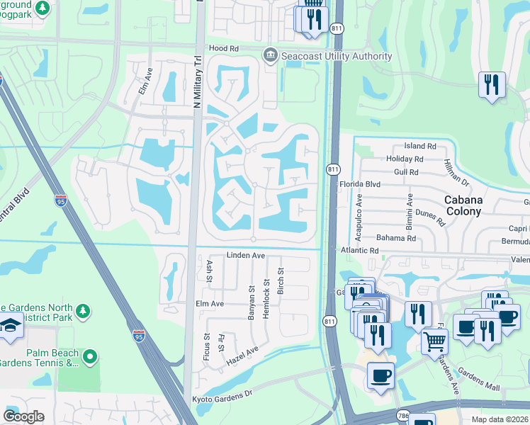 map of restaurants, bars, coffee shops, grocery stores, and more near 1103 Orinoco Way in Palm Beach Gardens