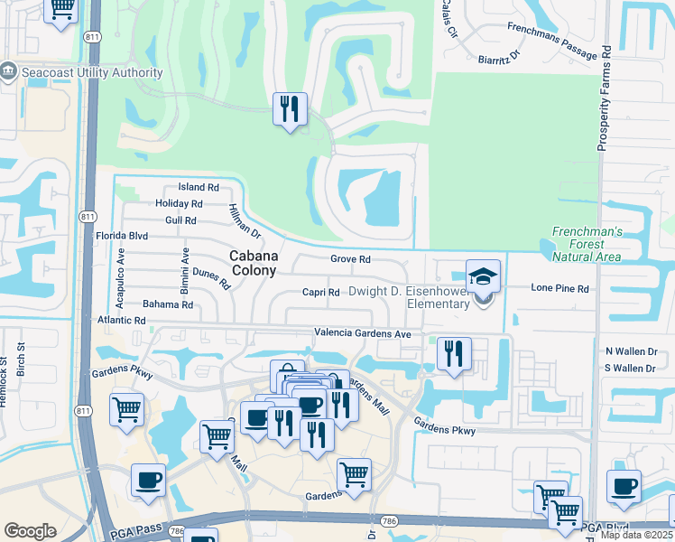 map of restaurants, bars, coffee shops, grocery stores, and more near 3303 Grove Road in Palm Beach Gardens