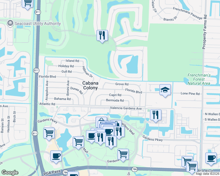 map of restaurants, bars, coffee shops, grocery stores, and more near 3323 Florida Boulevard in Palm Beach Gardens
