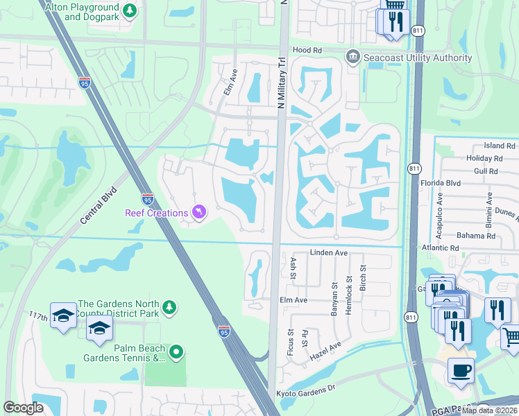 map of restaurants, bars, coffee shops, grocery stores, and more near 12140 Aviles Circle in Palm Beach Gardens