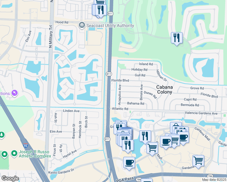 map of restaurants, bars, coffee shops, grocery stores, and more near 12180 Florida A1A Alternate in Palm Beach Gardens