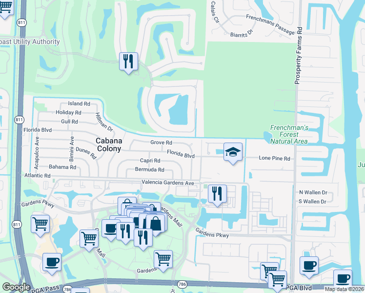 map of restaurants, bars, coffee shops, grocery stores, and more near 3106 Grove Road in Palm Beach Gardens