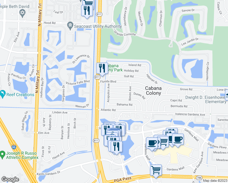 map of restaurants, bars, coffee shops, grocery stores, and more near 3841 Dunes Road in Palm Beach Gardens