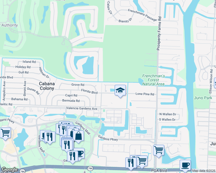 map of restaurants, bars, coffee shops, grocery stores, and more near 212 Lone Pine Drive in Palm Beach Gardens