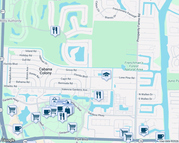 map of restaurants, bars, coffee shops, grocery stores, and more near 3077 Grove Court in Palm Beach Gardens