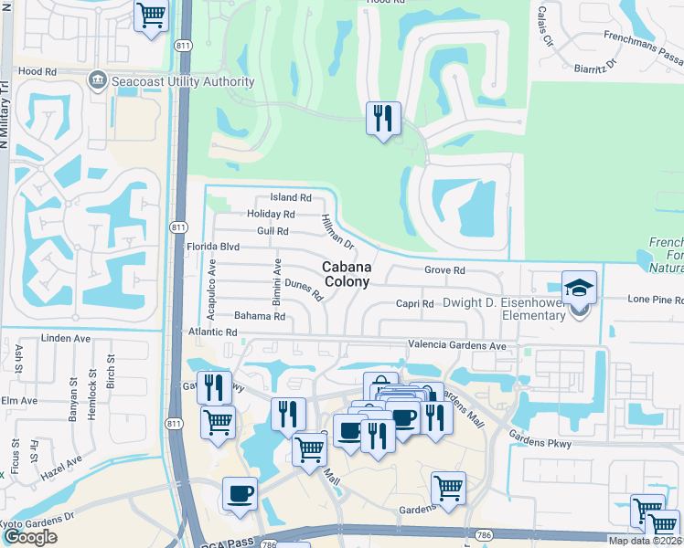 map of restaurants, bars, coffee shops, grocery stores, and more near 3512 Florida Boulevard in Palm Beach Gardens