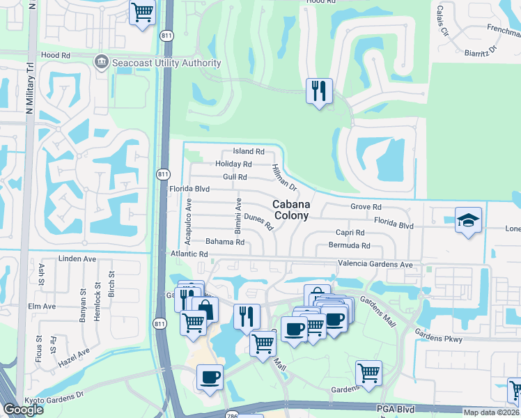 map of restaurants, bars, coffee shops, grocery stores, and more near 3583 Everglades Road in Palm Beach Gardens